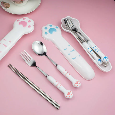 Travel Camping Portable Flatware Cat Paws Stainless Steel Spoon Fork Chopsticks Cutlery Set With Storage Box