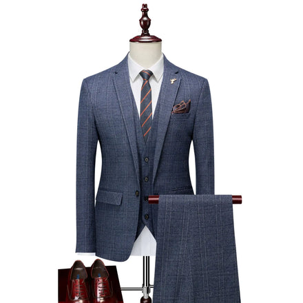 M-5XL Men's Checkered Suit Three Piece Set Single Row One Button Retro Fine Checkered Business Professional Groom's Banquet