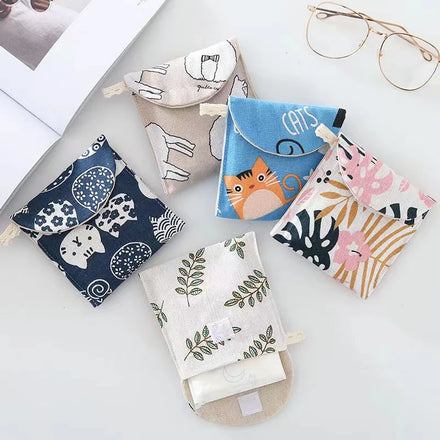 Customized Cartoon Cotton Linen Sanitary Towel Storage Organizer Small Cute Portable Privacy Menstrual Pad Napkin Tampons Bags