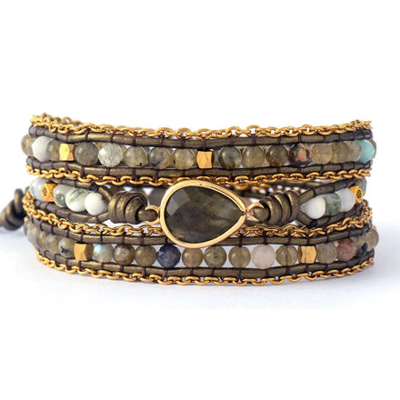 Vintage Beads Bangle Wristband Stone Labradorite Natural Bead Crystal Rhinestone Wrap Bracelets Unisex Bohemian Style