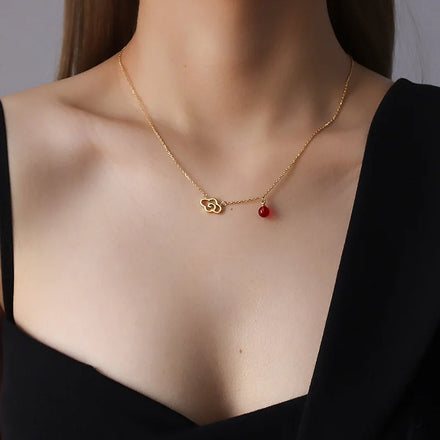 Chinese Red Festival Auspicious Cloud White Cloud Gourd Hollow Pendant Agate Bead Necklace Female Titanium Steel