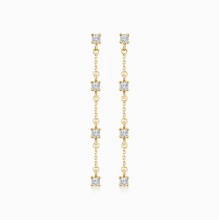 Fine Jewelry 14K Gold Plated Chain Round Cut White Cubic Zircon 925 Sterling Silver Link Drop Earring