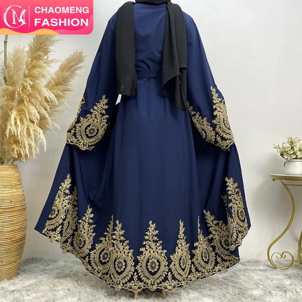 1495# Hot Sale Gold Applique Blue Open Abaya Muslim Women Kimono Islamic Long Robe Dubai Abayas