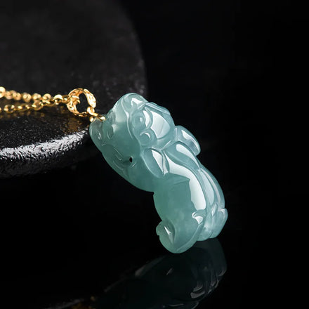 Genuine a Grade Natural Jade Blue Water Pixiu Pendant 18K Gold Ice Jade Carved Jadeite Necklace Pendant with Certificate