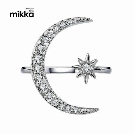 Vintage New Design Popular Brand Moon Star Shape Crystal Adjustable Silver Plated Ring for Women Girls Party