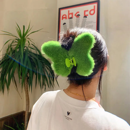 In Stock 19cm Big Size Rex Rabbit Butterfly Hair Claw Women Fashion Lovely Plush Hair Clip for Winter Christmas Day