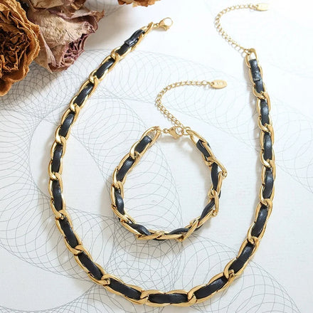 Fashion Gold Chain Black Leather Stainless Steel Double Wrap Buckle Bracelet Handmade Braided Leather Strap Choker Necklace
