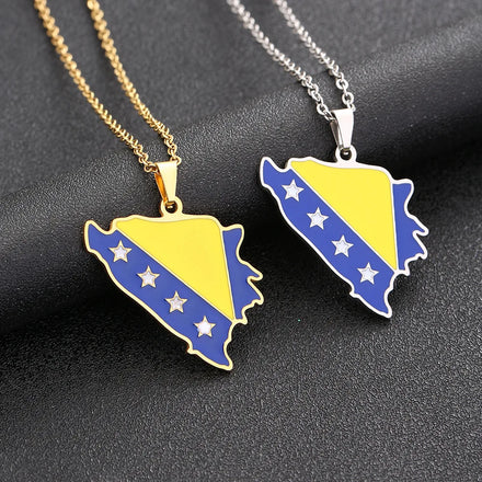 Enameled Bosnia and Herzegovina Map Chain Necklaces Stainless Steel 18K Gold Plated Enamel Flag Map Pendant Necklace