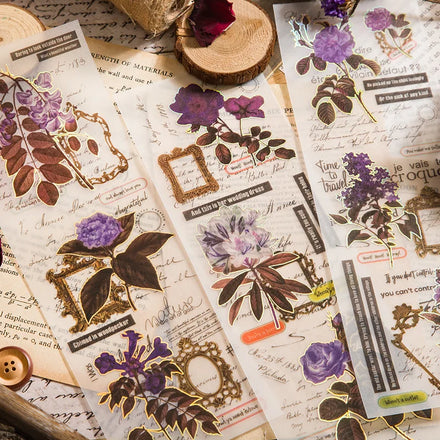 3pieces/pack Bronzing Parchment Stickers Flower Notes Dream Series Plant Journal Decorative Source Material 6 Models