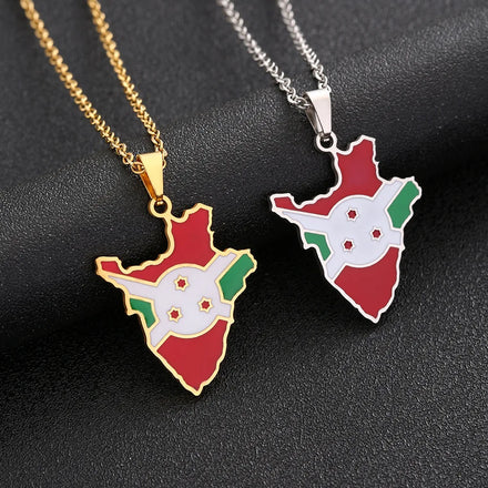 Manufacturer Enameled Burundi Map Chain Necklaces Stainless Steel 18K Gold Plated Enamel Burundi Flag Map Pendant Necklace
