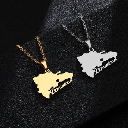 Factory Enameled Dominican Map Necklaces Stainless Steel Silver 18K Gold Plated Enamel Dominican Flag Map Pendant Chain Necklace