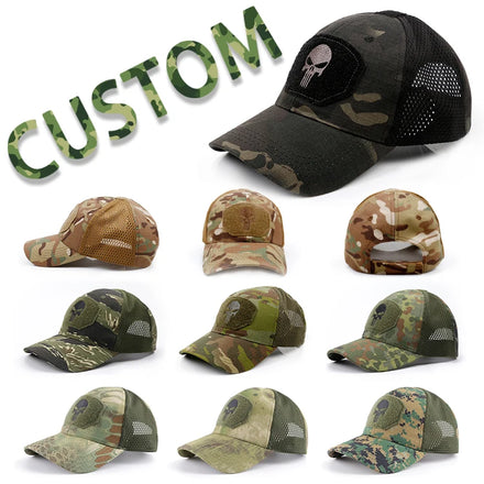 2025 Custom 3D Embroidery LOGO Summer Outdoor Camo Baseball Cap Foam Mesh Skull Patch Print Trucker Hat