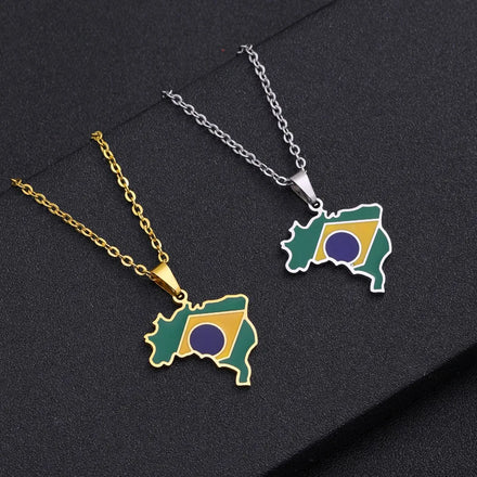 Manufacturer Brazil Map Chain Necklaces Enameled Stainless Steel 18K Gold Plated Enamel Brazil Flag Map Pendant Necklace
