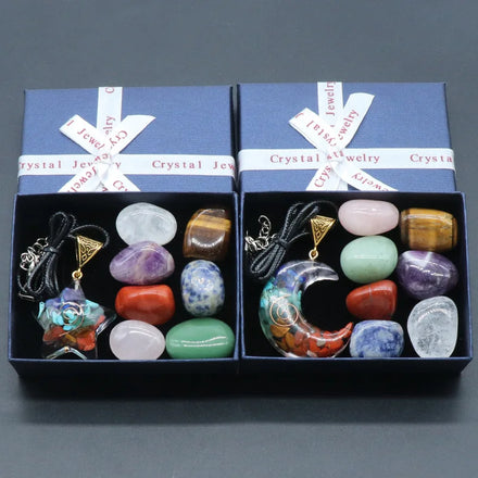 7 Chakra Natural Crystal Healing Energy Orgonite Gravel Resin Star Moon Pendant Necklace Tumbled Stone Mix Combination Set