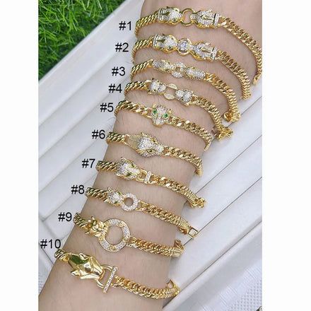 BC1474 Fashion Diamond Cubic Zirconia CZ Zircon Leopard Charm Cuban Chain Buckle Bangle Bracelets for Ladies Women