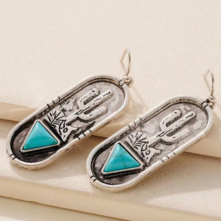 Vintage Western Oval Antique Silver Cactus Triangle Turquoise Earrings Girls Jewelry