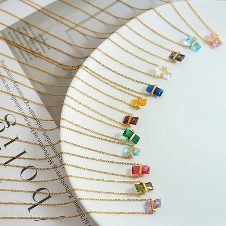 12 Months Stainless Steel Birth Stone Rectangle Zircon Pendant Necklace Customize Women Colorful Zircon Jewelry 2022