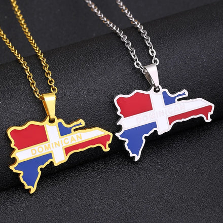 18K Gold Plated Stainless Steel Link Chain Necklace Manufacturer's Enameled Dominican Flag Map Pendant