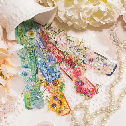 5pieces/pack Pet Strip Stickers Flower Fragrance Fog Series Flash Film Flower Notebook DIY Material 6Models
