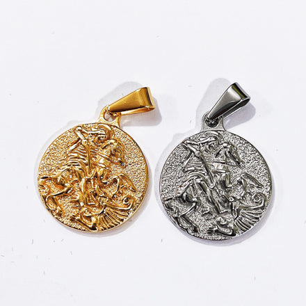 Waterproof Jewelry 18k Gold Plated Holy Saint George Pendant Stainless Steel Poseidon Owl Spartan Pendant Religious Medal Men