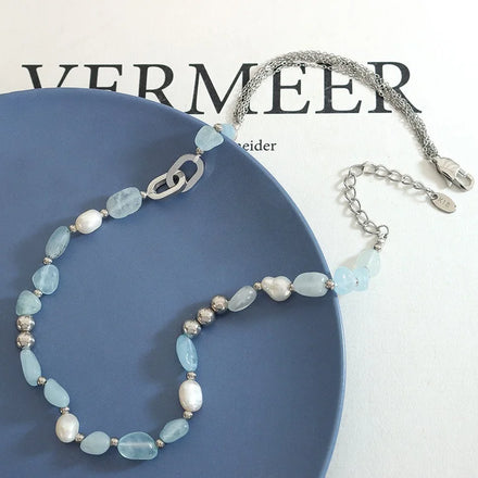 Hot Selling Healing Stones Necklace Custom Natural Blue Gemstone Necklace Stainless Steel Beaded Necklace Women