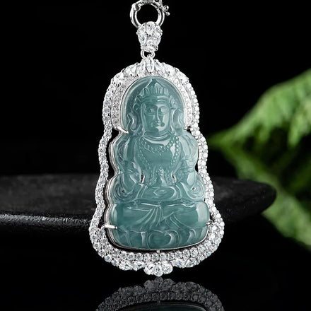 Natural a Grade Jadeite Blue Water Guanyin S925 Silver Luxury Inlaid Ice Jade Pendant for Men and Women Necklace Pendant