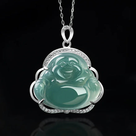 Certified Grade S925 Silver Inlaid Natural Myanmar Jade Buddha Pendant Necklace Fashionable Religious Buddhism Jewelry