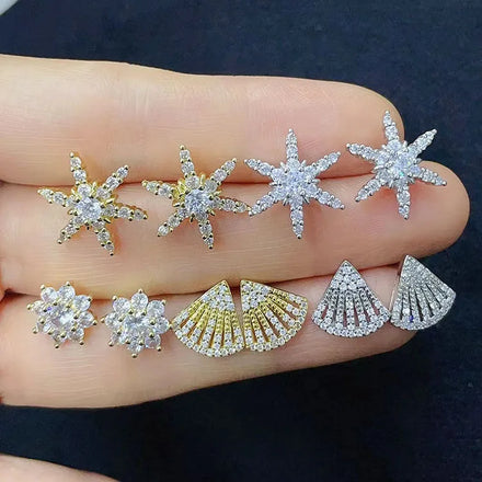 EC1468 Dainty 18k Gold Plated Cubic Zirconia CZ Pave North Star Flower Studs Stud Earrings