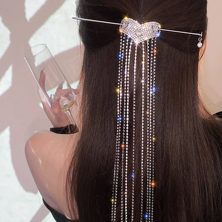 Full Diamond Heart Low Ponytail Hair Pin Women Head Ornament Accessories Rhinestone Long Tassel Hairins