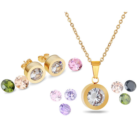 Idea Goods 316L Stainless Steel Gold Plated Birthstone Replaceable CZ Crystal Zircon Necklace Earring Jewelry Set for Women