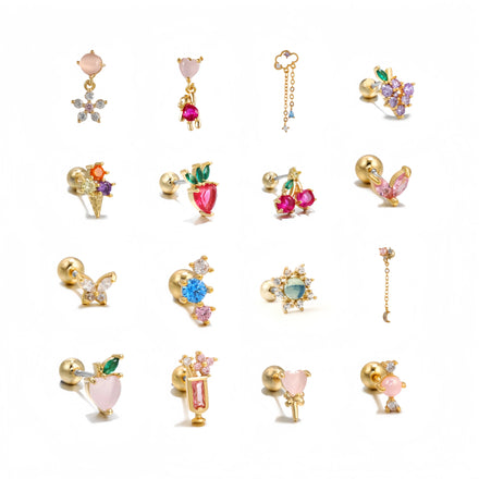 Women Puncture Twist Ball Ear Bone Stud 18k Gold Brass Earrings Exquisite Colorful Zircon Girl Cute Style Stud Earrings