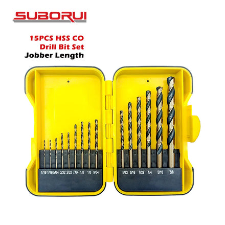 SUBORUI 15Pcs High Speed Steel Jobber Length HSS M35 Cobalt Twist Drill Bit Set for Hardened Metal Stainless Steel