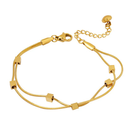 Minimalist Square Charm Stainless Steel 18k Gold Plated Double Layer Delicate Round Snake Bone Chain Bracelet