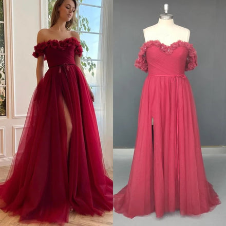 Elegant Red Off the Shoulder 3D Flower Belt Split Front Lace A-line Prom Evening Dress Wedding Party Dress for Plus Size Women