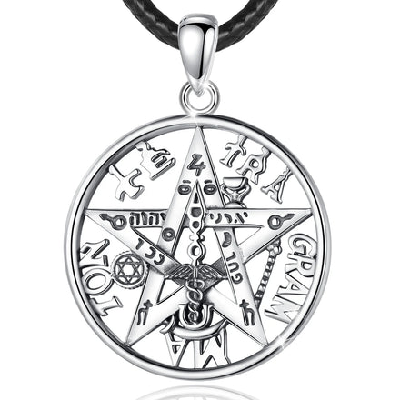 Hollow Out Round Shaped 925 Sterling Silver Jewelry Tetragrammaton Pentagram Amulet Pendant Necklace for Men
