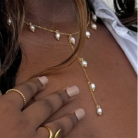 J&D New Trendy 18k Gold Plated Stainless Steel Jewelry Party Gift Y Shape Fresh Water Pearl Necklace