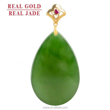 Certified Grade a Spinach Green Hotan Jade Green Jade Water Drop Pendant Genuine 18K Gold Inlaid Natural Jade Pendant Necklace