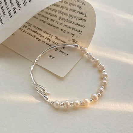Unique Freshwater Pearl Bracelet Irregular 925 Sterling Silver Beaded Bracelet Bangle for Women Girl