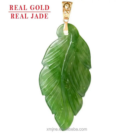 Certified Grade a Spinach Green Hotan Jade Green Jade Leaf 18K Gold Natural Jade Pendant Necklace for Men and Women