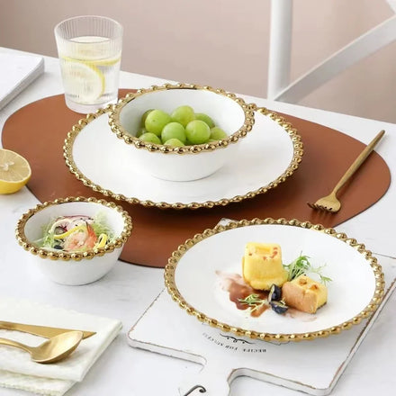 Customized Restaurant Hotel Fine White Dinner Set Golden Pearl Edge Luxury Ceramic Dish Dinnerware Set