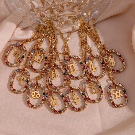 Dreamidea Wholesale Colorful Zircon Hollow Out Zodiac Sign Necklace 18k Gold Plated Star Sign Necklace