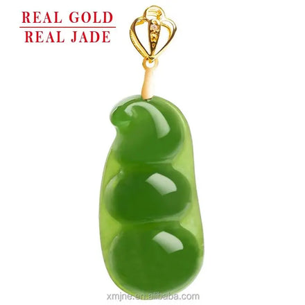 Certified Grade a Spinach Green Hotan Jade Green Jade Fried Green Beans Pendant 18K Natural Jade Necklace for Men and Women