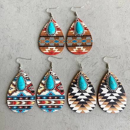 Bohemian Turquoise Western Earrings Wood Water Drop Earrings Aztec Tribe Cowgirl American Design Earrings Jewelry