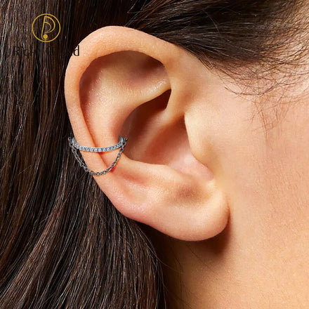 Titanium Clicker Chain Hinged Diamond Dangle Nose Ring for Cartilage Helix Tragus Conch Piercing Jewelry