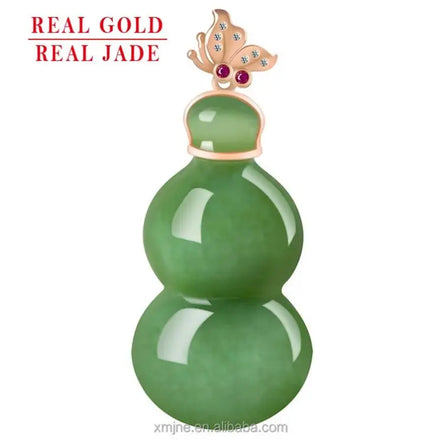 Certified Grade a Spinach Green Hotan Jade Green Jade Gourd Pendant 18K Rose Gold Natural Jade Pendant for Men and Women