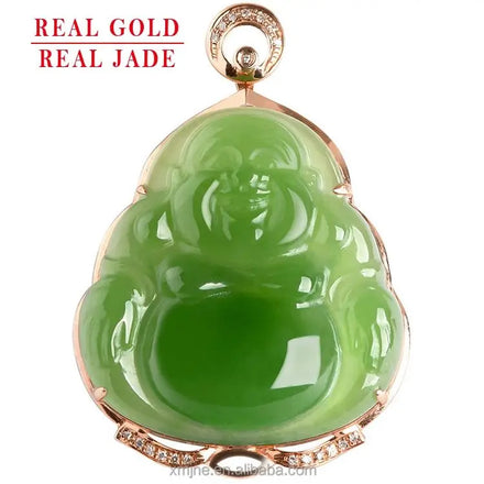 Certified Grade a Spinach Green Hotan Jade Green Jade Buddha 18K Gold Inlaid Pendant Natural Jade Necklace for Men and Women