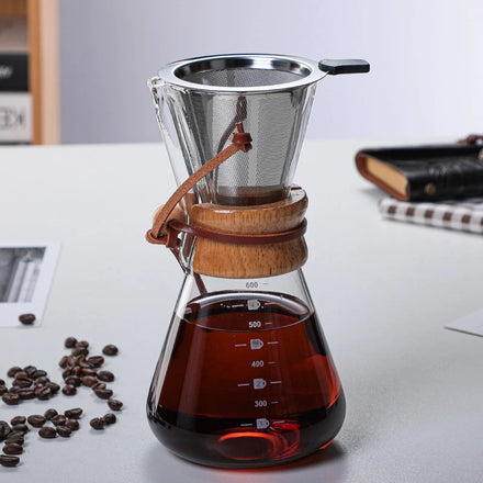 600ML Pour Over Coffee Maker Set Classic Series With Filter 6 Cups Wood Neck Drip Pot 20oz