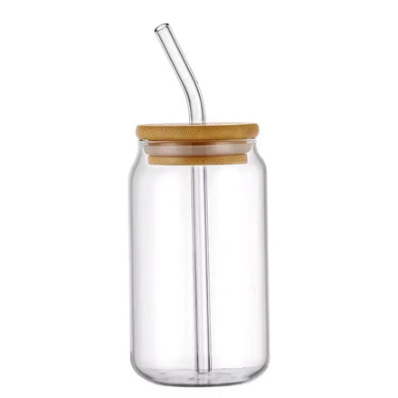 16oz clear Coffee Can Shaped Beer Sublimation Glass Can with Bamboo Lid and Glass Straw
