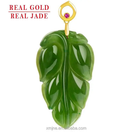 Certified Grade a Spinach Green Hotan Jade Green Jade Leaf 18K Gold Inlaid Natural Jade Necklace for Men and Women