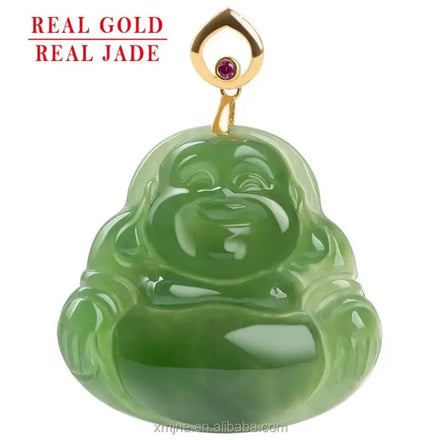 Certified Grade a Spinach Green Hetian Jade Green Jade Buddha Pendant 18K Gold Natural Jade Pendant Necklace for Men and Women